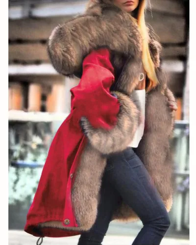 Faux Crystal Fox Fur Collar Fur Collar Hooded Jacket Red - Shop at LoveMi