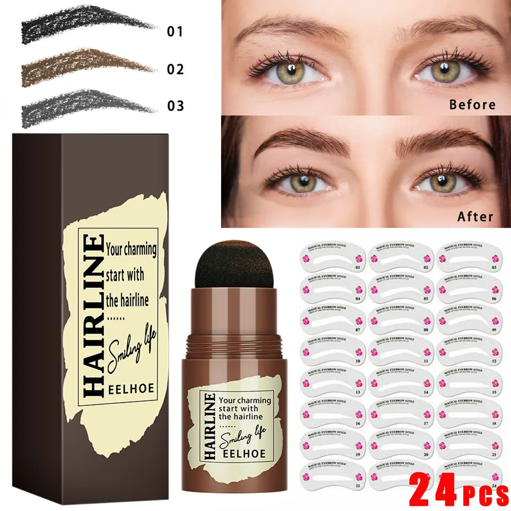 Eyebrow Stamp Stencil Kit, Eyebrow Shaping Stencils, Long-lasting Eyebrow Brow Definer, Perfect Make-up Reusable Kit - 2 Dark Brown + 24 Cards