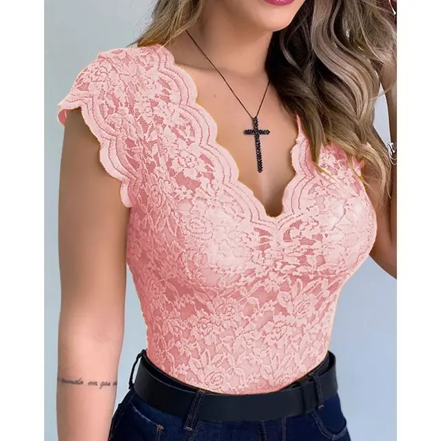 V neck sleeveless one piece lace top Pink - Shop at LoveMi
