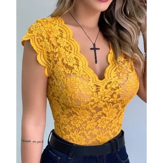 V neck sleeveless one piece lace top Yellow - Shop at LoveMi