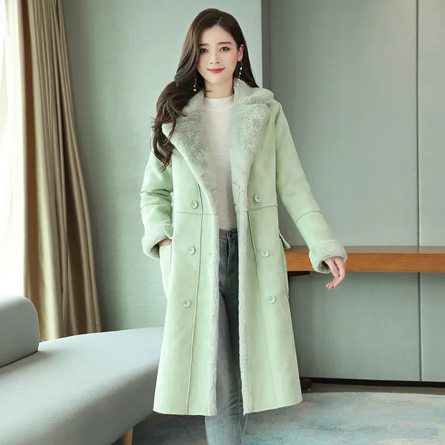 Korean style loose fur coat mid length deerskin cotton jacket Matcha Green - Shop at LoveMi