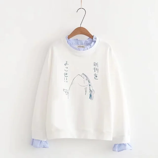 Cartoon stitching fake two piece sweater White - Shop at LoveMi