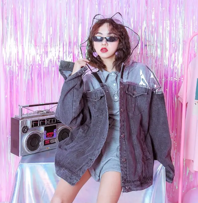European and American hip hop retro worn BF wind cut transparent raincoat hooded stitching loose denim jacket - Shop at LoveMi