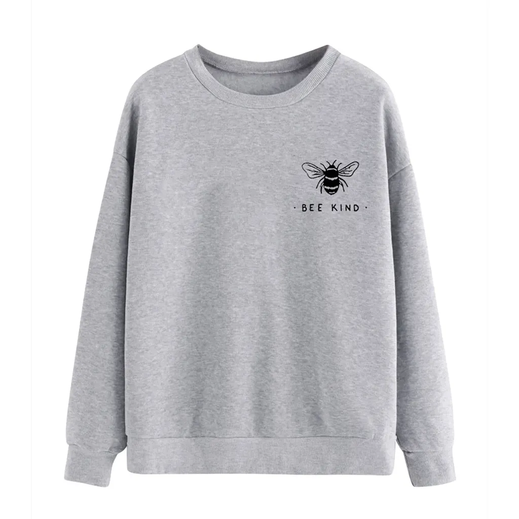 Solid Colour Fashionable Long Sleeve Bee Print Hoodie - Grey