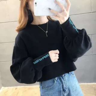 Embroidered puff sleeve sweatshirt - Black