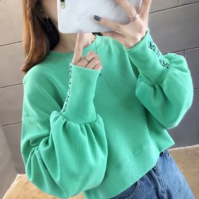 Embroidered puff sleeve sweatshirt Green - Shop at LoveMi