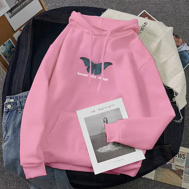 Butterfly Print Long Sleeved Plus Velvet Sweatshirt Hoodie Pink - Shop at LoveMi