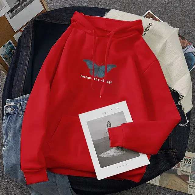 Butterfly Print Long Sleeved Plus Velvet Sweatshirt Hoodie Red - Shop at LoveMi
