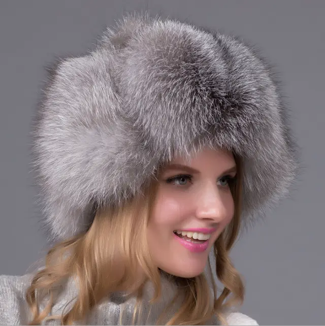Fur hat fox fur Leifeng women's hat Silver Blue - Shop at LoveMi