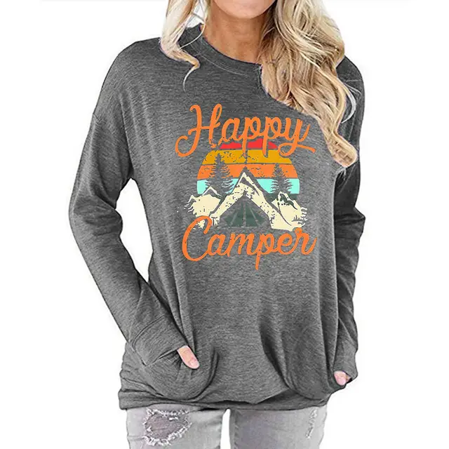 Bat Sleeve Round Neck Long Sleeve T shirt Letter Pattern Printed Sweater With Pockets Light Grey - Shop at LoveMi