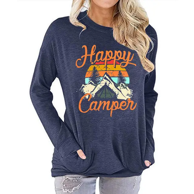 Bat Sleeve Round Neck Long Sleeve T shirt Letter Pattern Printed Sweater With Pockets Navy Blue - Shop at LoveMi