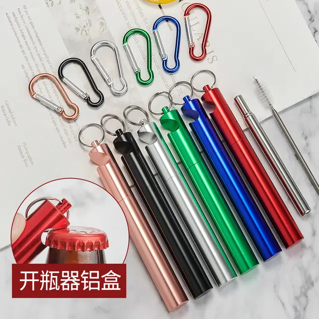 304 Stainless Steel Metal Straw Reusable Travel Keychain Straw with Case Bottle Opener Black - Shop at LoveMi
