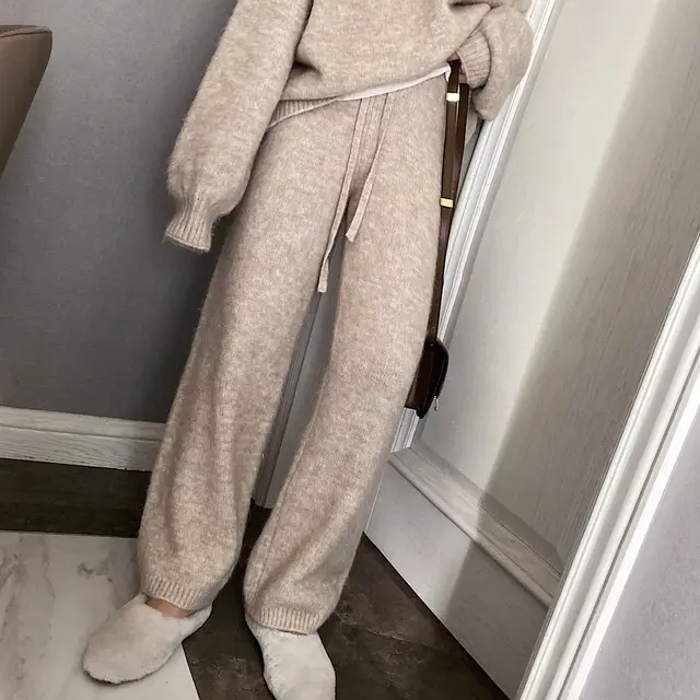 Casual knit wide leg pants Apricot Beige - Shop at LoveMi