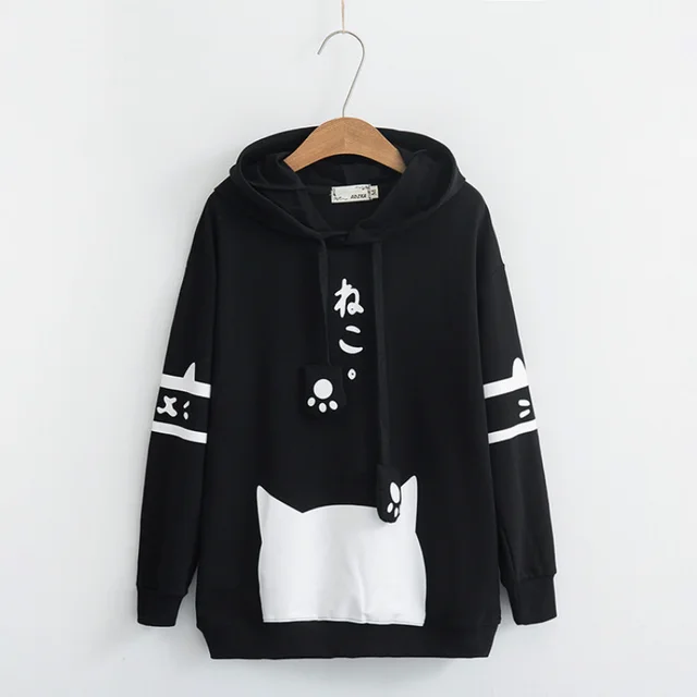 College style cute cartoon cat pullover sweater Black Long Sleeve - Shop at LoveMi