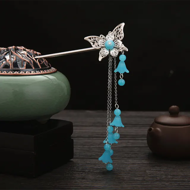 Long tassel hairpin hairpin top clip step headdress Light Blue - Shop at LoveMi