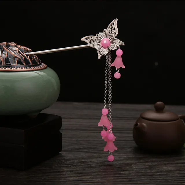 Long tassel hairpin hairpin top clip step headdress Pink - Shop at LoveMi