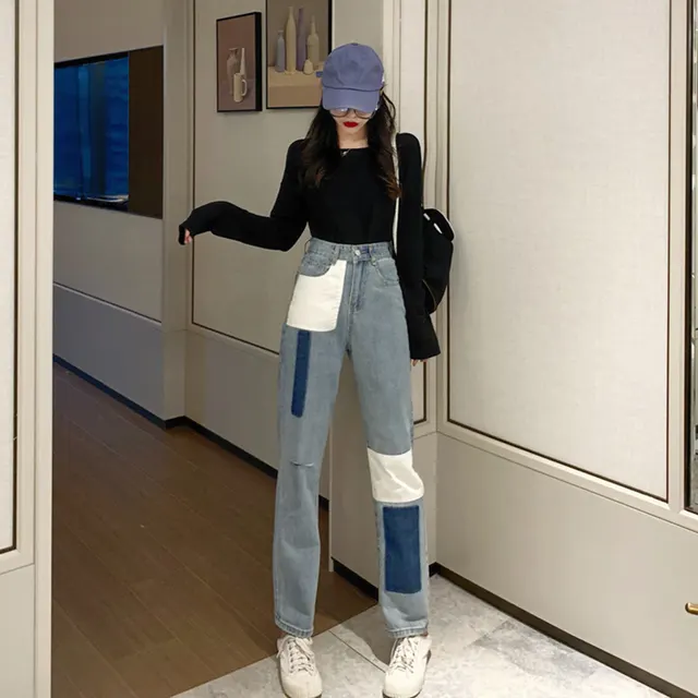 Straight pants stitching loose denim women Blue - Shop at LoveMi