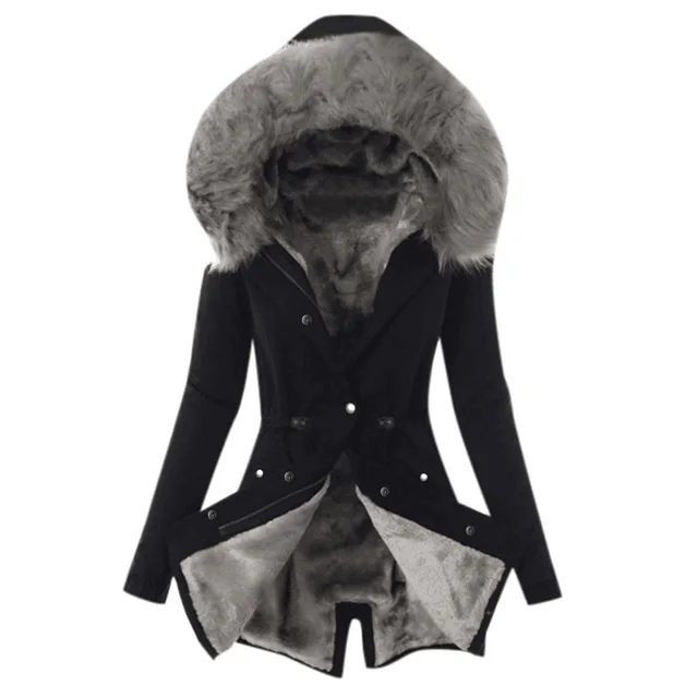 Fur collar drawstring solid color warm cotton coat Blackgrey - Shop at LoveMi