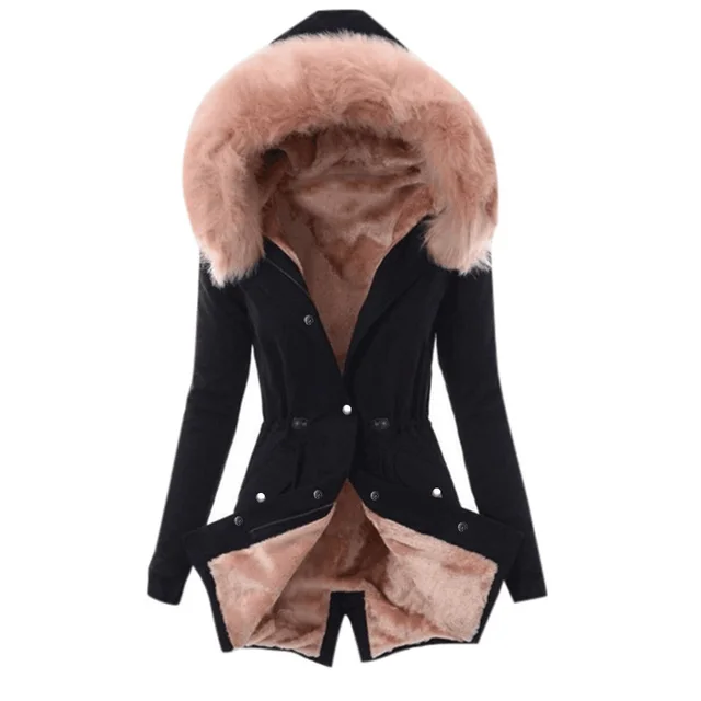 Fur collar drawstring solid color warm cotton coat Blackpink - Shop at LoveMi