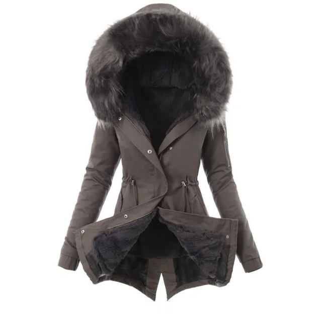 Fur collar drawstring solid color warm cotton coat Dark Grey - Shop at LoveMi
