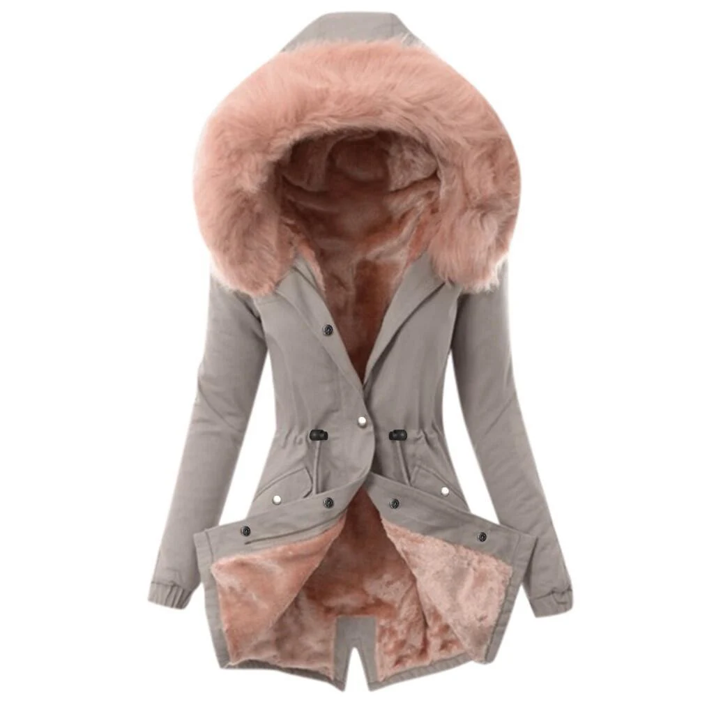 Fur collar drawstring solid color warm cotton coat - Grey