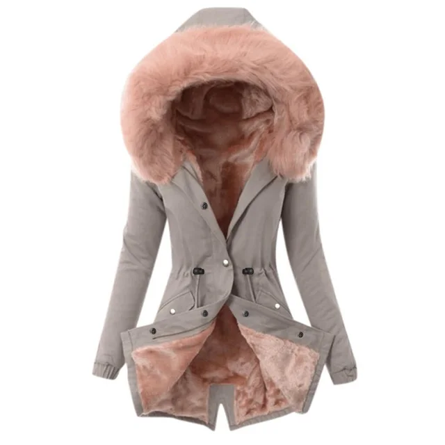 Fur collar drawstring solid color warm cotton coat Grey - Shop at LoveMi