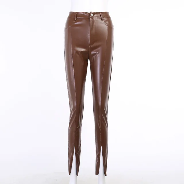 PU leather skinny casual mid waist leather trousers Brown - Shop at LoveMi