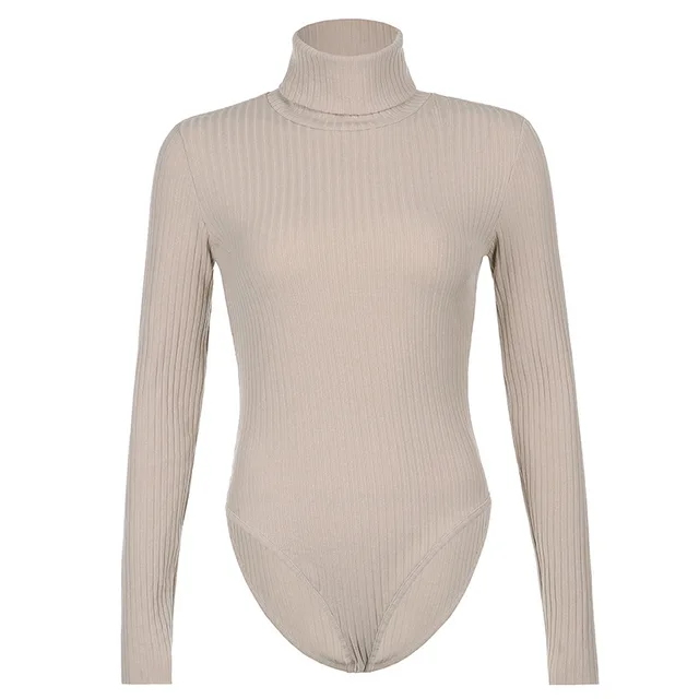 The New High Neck Warm Solid Color Slim Slimming Long Sleeved Bodysuit Beige - Shop at LoveMi