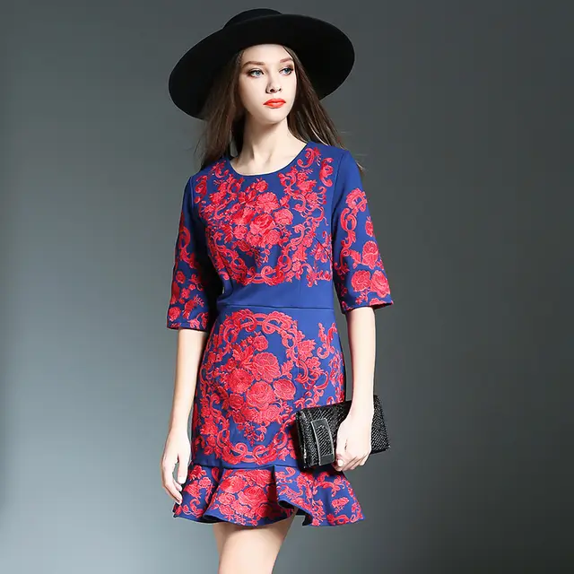 Fish tail wrap hip dress dress Blue Middle Sleeve - Shop at LoveMi