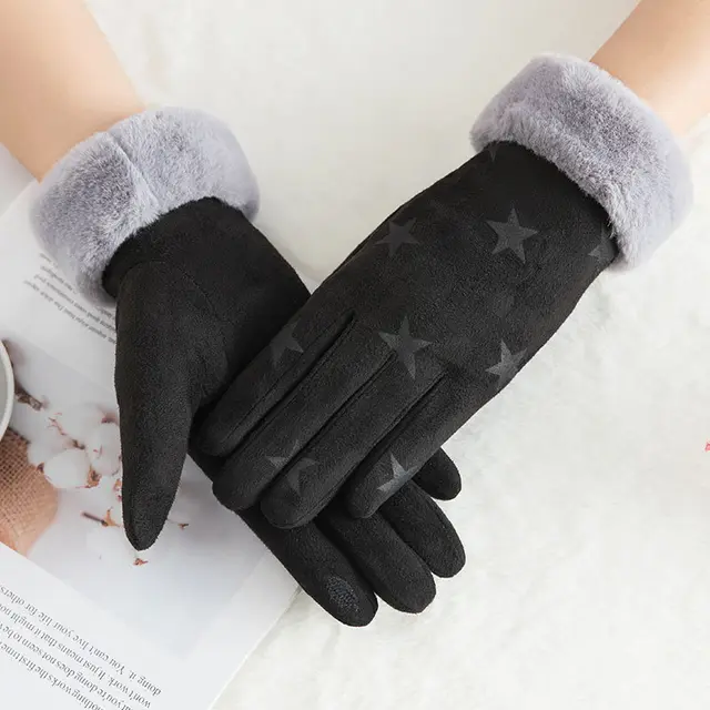 Suede warm gloves double layer plus velvet thick wind and cold riding touch screen gloves Black - Shop at LoveMi