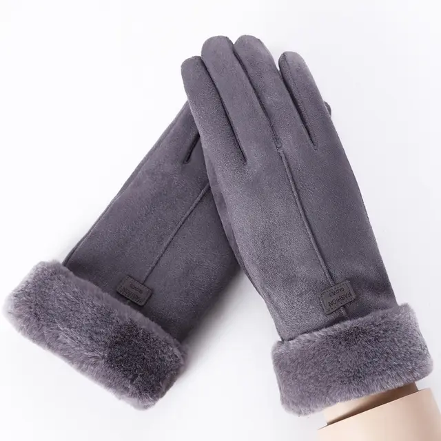 Suede warm gloves double layer plus velvet thick wind and cold riding touch screen gloves Grey - Shop at LoveMi