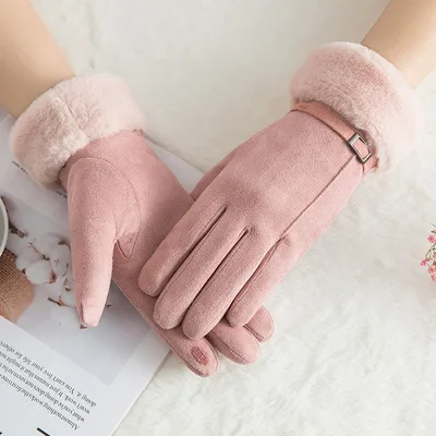 Suede warm gloves double layer plus velvet thick wind and cold riding touch screen gloves Pink - Shop at LoveMi