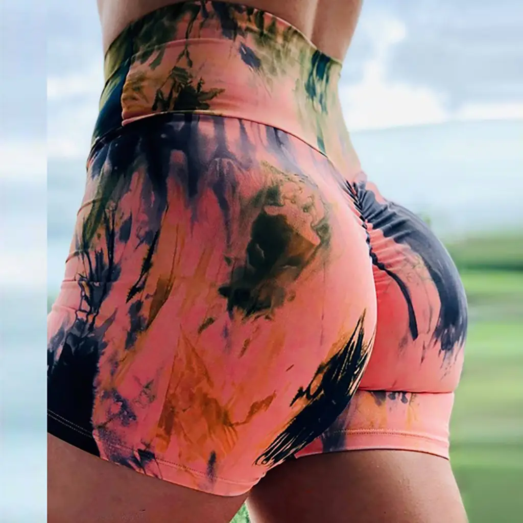 Ladies Tie Dye Printed Shorts Hip-Up Yoga Pants - Orange - View 1