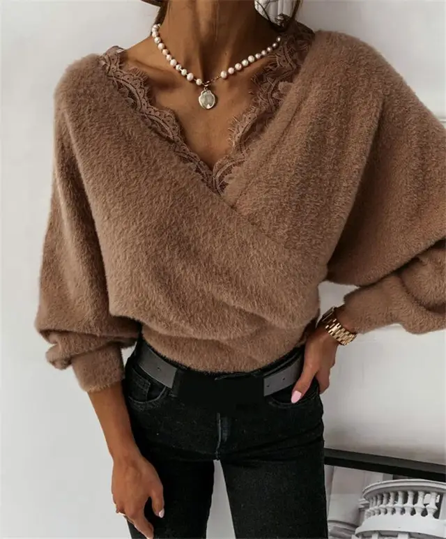 Solid Color Lace Sling Flannel Long Sleeve Top Brown - Shop at LoveMi