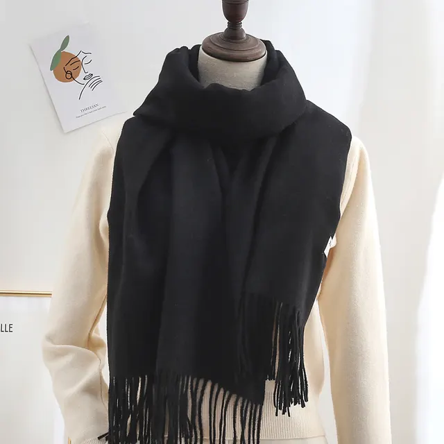Winter Thick Warm Long Cashmere Style Solid Color Shawl Black - Shop at LoveMi