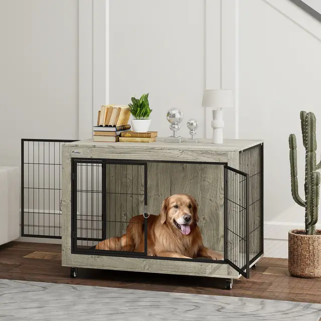 39inch Dog Crate Furniture End Side Table With Wheels Gray - Shop at LoveMi