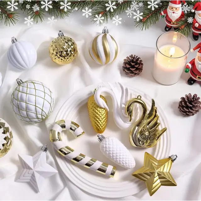 Christmas Balls Ornaments Set, Shatterproof Plastic Baubles Christmas Flowers, Ribbon Tree Topper For Xmas Tree Holiday Wedding Party Decorations W... Goldwhite - Shop at LoveMi