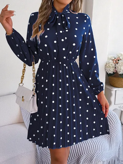 Women's Polka Dot Tie Waist Long Sleeve Pleated Maxi Dress Navy - Shop at LoveMi