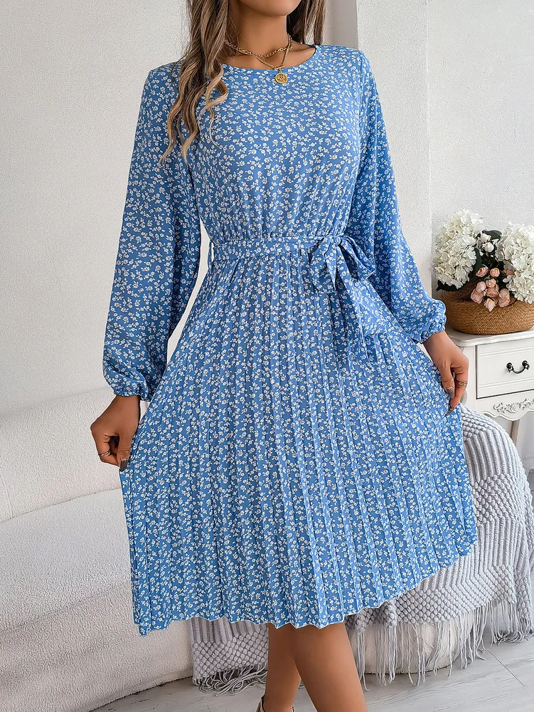 Women's Casual Long Sleeve Floral Flared Pleated Skirt Blue - Shop at LoveMi