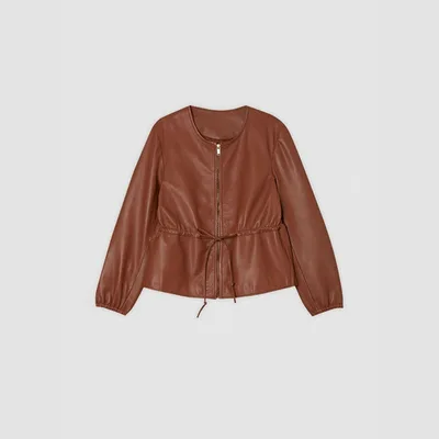Women's Zip Front Faux Leather Jacket, Long Sleeve Drawstring Waist Jacket Brown - Shop at LoveMi