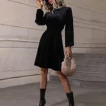 Women's Mock Neck Velvet Midi Dress, Smocked Waist Long Sleeve Casual Dress - Black