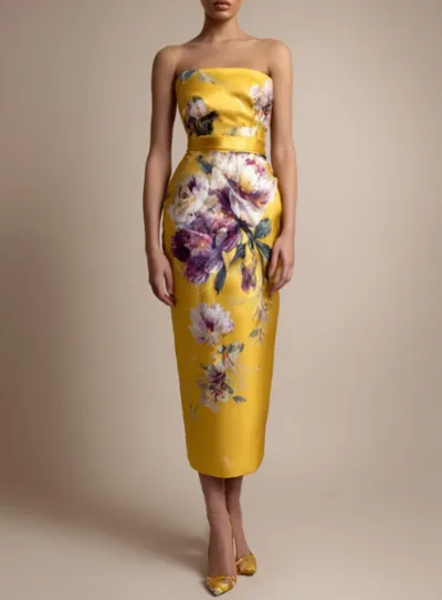 Luxury Floral Art Print Strapless Midi Dress Yellow - Shop at LoveMi