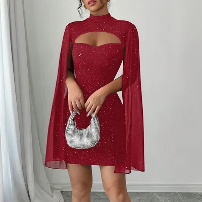 Women's Sparkly Bodycon Mini Dress, Mock Neck Cloak Sleeve Cocktail Dress Wine - Shop at LoveMi