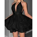 Women's Sparkly Halter Deep V Neck Backless Ruffle Sleeveless Sexy Mini Dress - Black