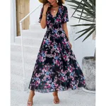 Women's Floral Puff Sleeve Midi Dress - Boho V-Neck Smocked Dress - Black