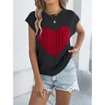 Women's Heart Color Block Knit Top - Casual Sleeveless Valentine Shirt - Black