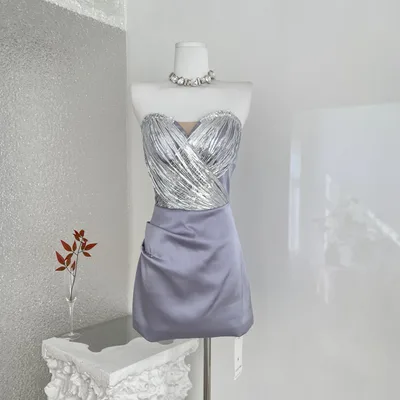 Lustrous Silver Shimmer Sexy Strapless Women's Paneled Lavender Satin Ball Bridesmaid Ceremony Bodycon Dress Purple - Shop at LoveMi