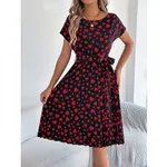 Women's Heart Print Midi Dress - Crew Neck Short Sleeve Belted Pleated Sundress - Black
