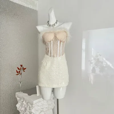 Women's French Strapless Bodycon Dress Lace Fur Trim Splicing Mini Dress For Birthday Dinner Club Night Apricot - Shop at LoveMi