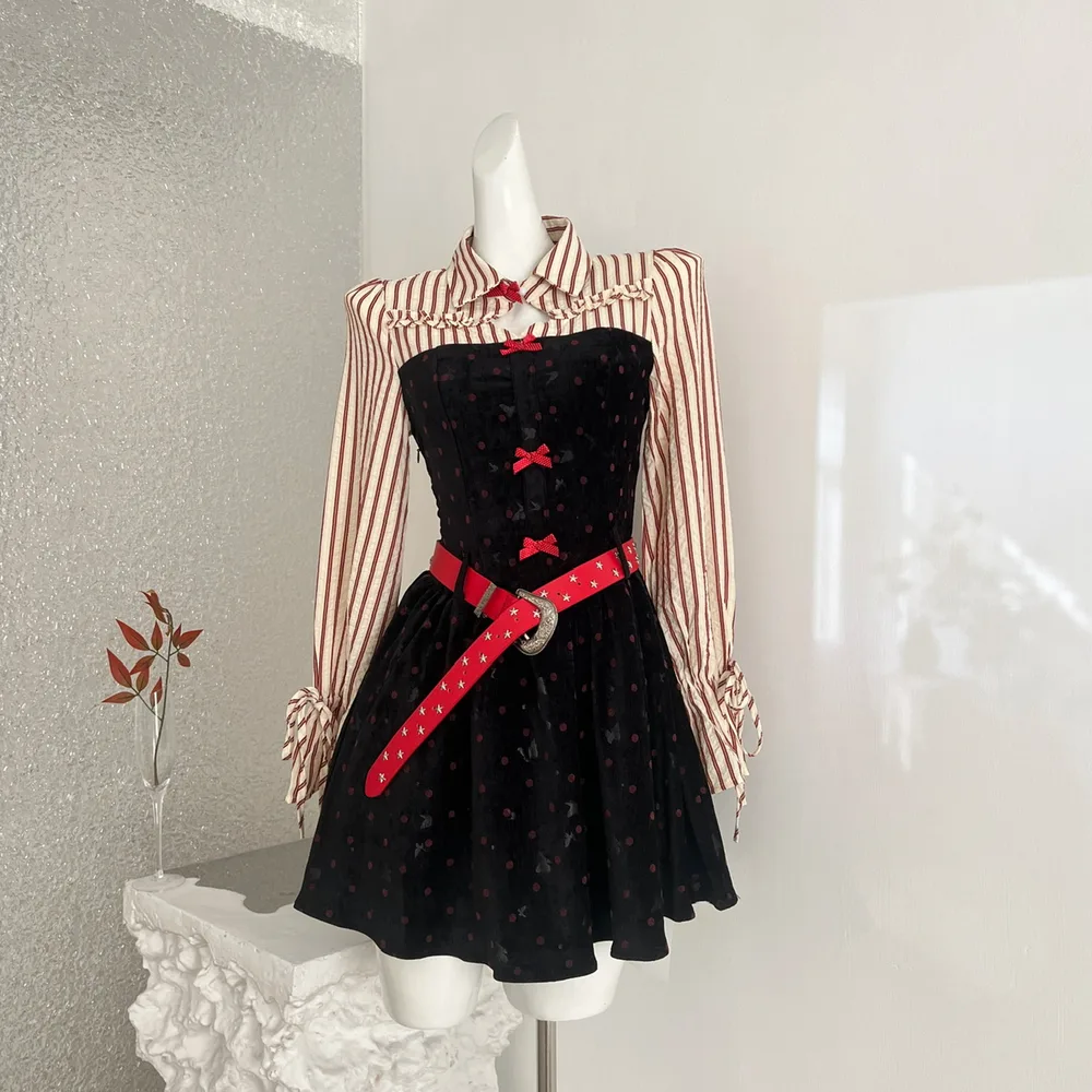 Women's Y2K Dress Polka Dot Shirt Paneled Velvet Bodycon Mini Dress Black - Shop at LoveMi